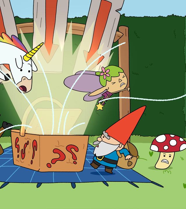 Auf einer Wiese inmitten von grünen Hecken, angelegt zu einem Irrgarten, liegt ein blauer Teppich, auf dem eine offene Kiste steht, die mit Fragezeichen bemalt ist. Aus der Kiste strahlt helles Licht, das eine Saugwirkung hat. Hufius, Blümchen und Twinkle fliegen in Richtung Kiste. Herbert steht bereits wackelig auf einem Bein, und Tupfen wehrt sich mit aller Körperkraft gegen den Sog.