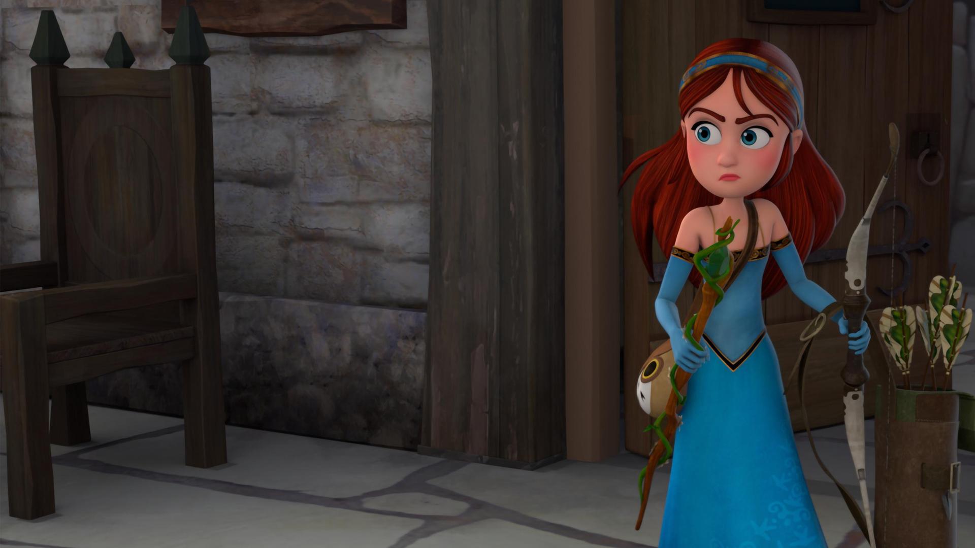 Prinzessin Marian schleicht sich zu den Kerkern. Sie schaut sich skeptisch um. In der einen Hand hält sie Robins Köcher voller Pfeile und seinen Bogen. In der anderen Hand hält sie Katells Druidinnenstaben. Hinter ihr befindet sich eine große Hoztür und sie steht in einem steinernen Durchgang.