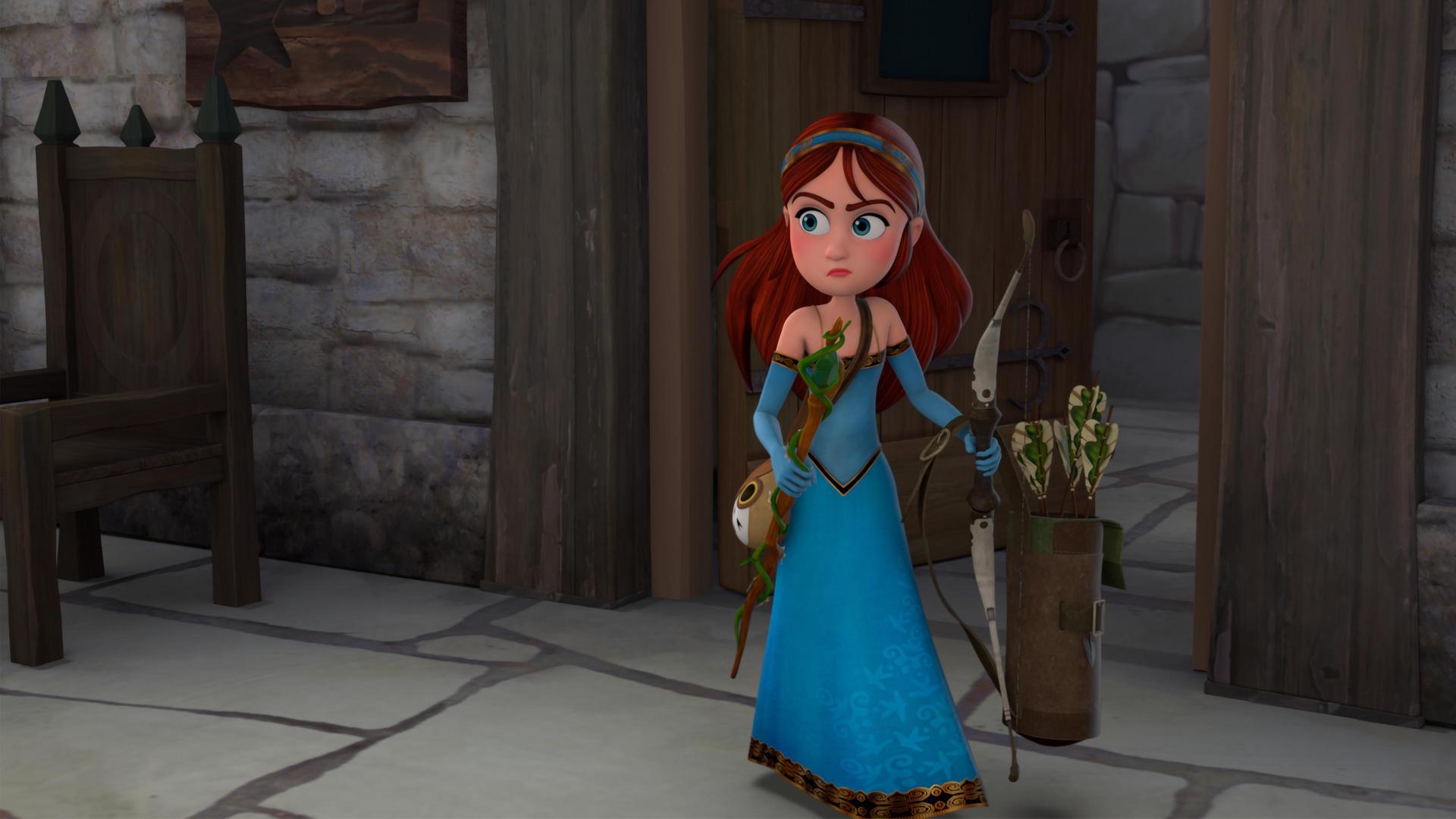 Prinzessin Marian schleicht sich zu den Kerkern. Sie schaut sich skeptisch um. In der einen Hand hält sie Robins Köcher voller Pfeile und seinen Bogen. In der anderen Hand hält sie Katells Druidinnenstaben. Hinter ihr befindet sich eine große Hoztür und sie steht in einem steinernen Durchgang.