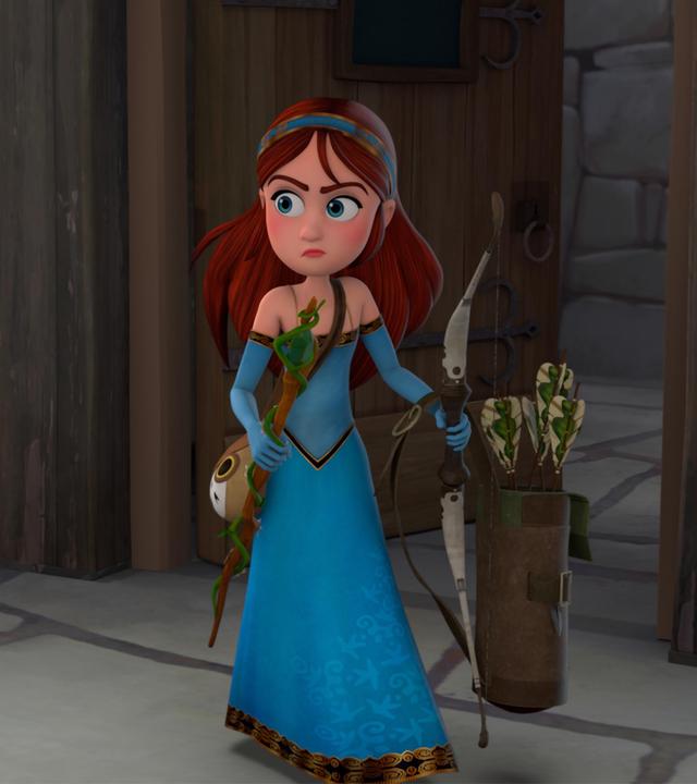 Prinzessin Marian schleicht sich zu den Kerkern. Sie schaut sich skeptisch um. In der einen Hand hält sie Robins Köcher voller Pfeile und seinen Bogen. In der anderen Hand hält sie Katells Druidinnenstaben. Hinter ihr befindet sich eine große Hoztür und sie steht in einem steinernen Durchgang.