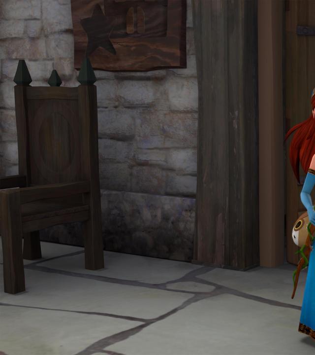 Prinzessin Marian schleicht sich zu den Kerkern. Sie schaut sich skeptisch um. In der einen Hand hält sie Robins Köcher voller Pfeile und seinen Bogen. In der anderen Hand hält sie Katells Druidinnenstaben. Hinter ihr befindet sich eine große Hoztür und sie steht in einem steinernen Durchgang.