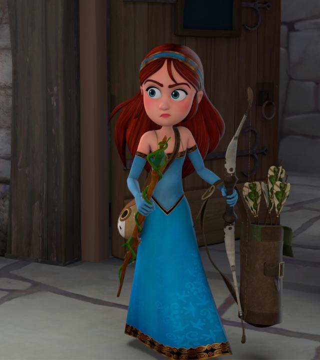 Prinzessin Marian schleicht sich zu den Kerkern. Sie schaut sich skeptisch um. In der einen Hand hält sie Robins Köcher voller Pfeile und seinen Bogen. In der anderen Hand hält sie Katells Druidinnenstaben. Hinter ihr befindet sich eine große Hoztür und sie steht in einem steinernen Durchgang.