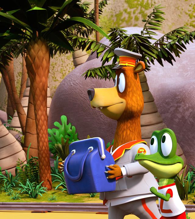 Krokodil Zacki und Bär Balduin übergeben Elefantendame Emily ihre blaue Handtasche, welche sich sehr darüber freut.