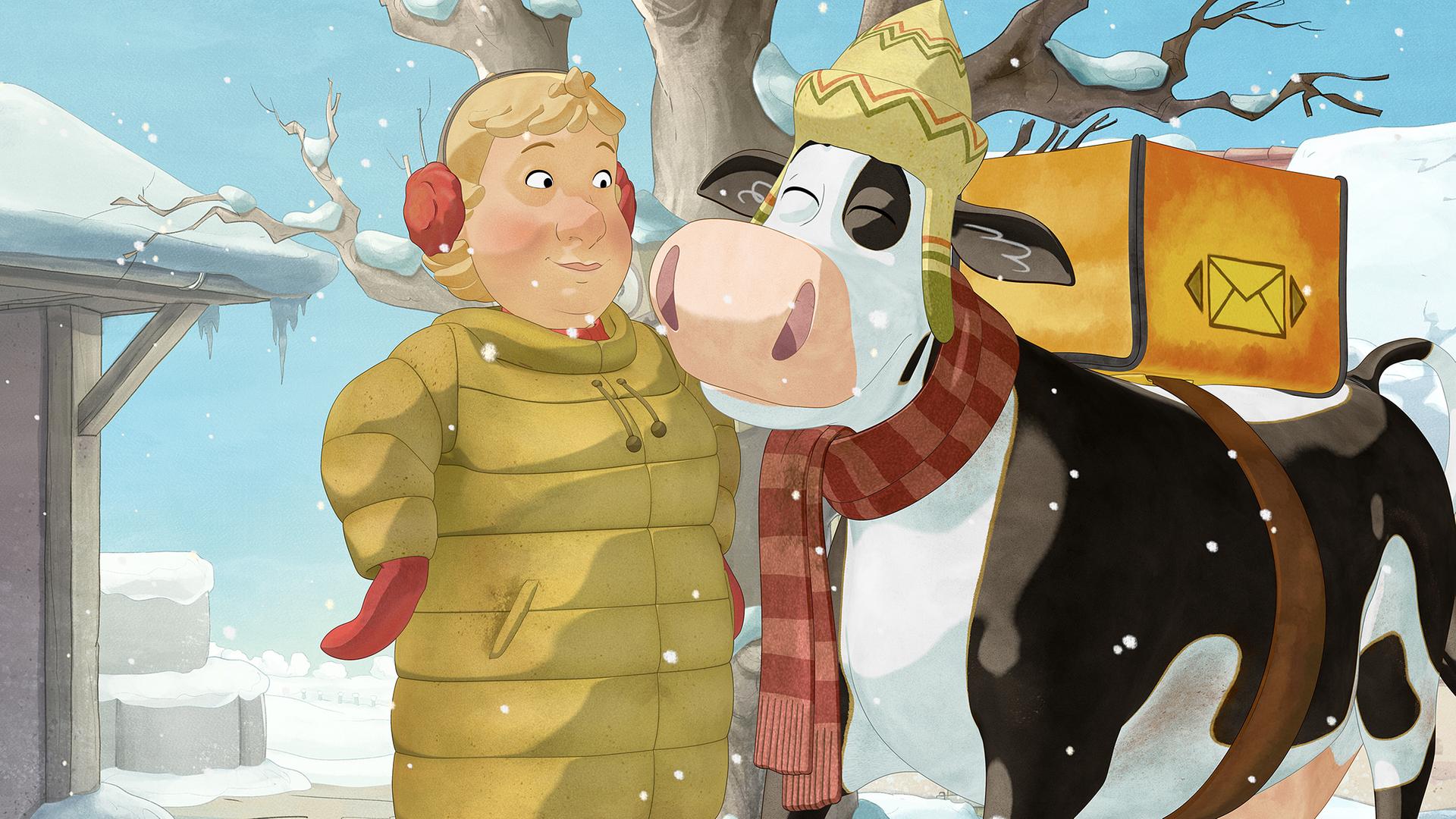 Lieselotte hat den Postkorb auf dem Rücken und trägt einen warmen Schal und eine Mütze. Die Bäuerin steht neben ihr. Es schneit.