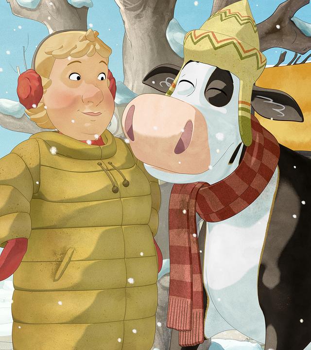 Lieselotte hat den Postkorb auf dem Rücken und trägt einen warmen Schal und eine Mütze. Die Bäuerin steht neben ihr. Es schneit.