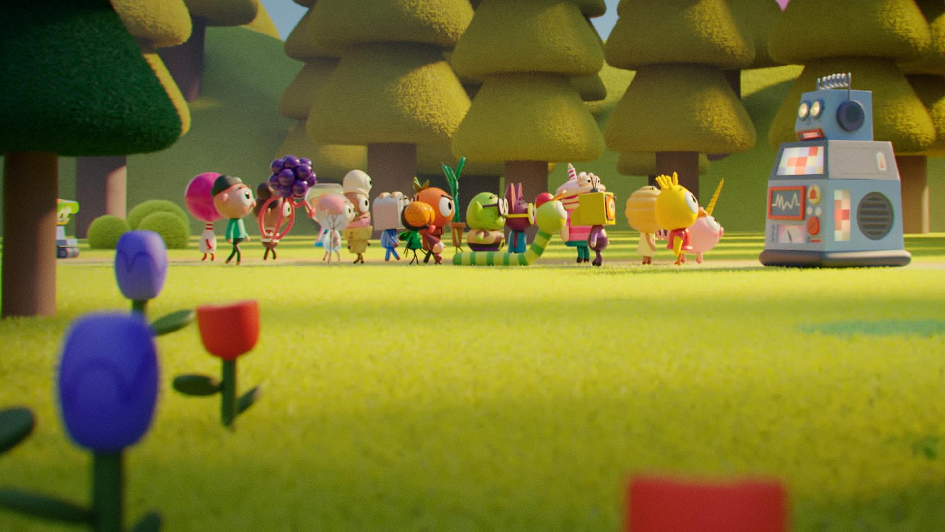 Frau Digitron, die Roboter-Lehrerin, steht im Wald auf einer Lichtung. Vor ihr versammelt stehen ihre Schülerinnen  und Schüler und blicken aufmerksam zu ihr auf. Im Hintergrund wachsen dichte, grüne Bäume. Am Waldboden blühen kleine rote und blaue Blumen.