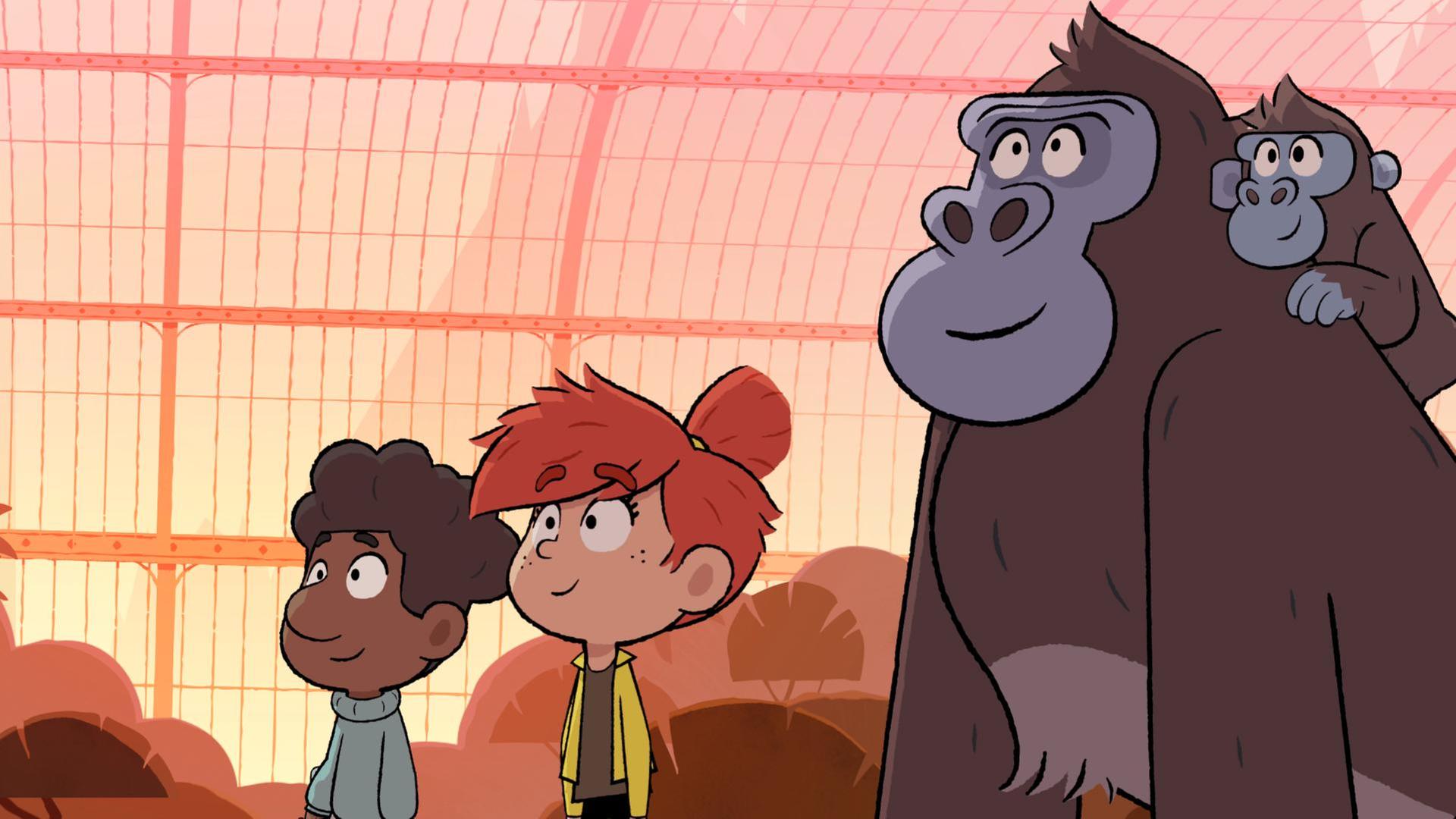 Das kleine Gorillababy sitzt auf Jacks Rücken. Beide schauen lächelnd nach links, genau wie Tommy und Taylor.