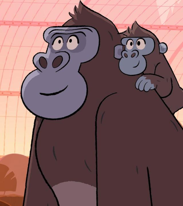 Das kleine Gorillababy sitzt auf Jacks Rücken. Beide schauen lächelnd nach links, genau wie Tommy und Taylor.