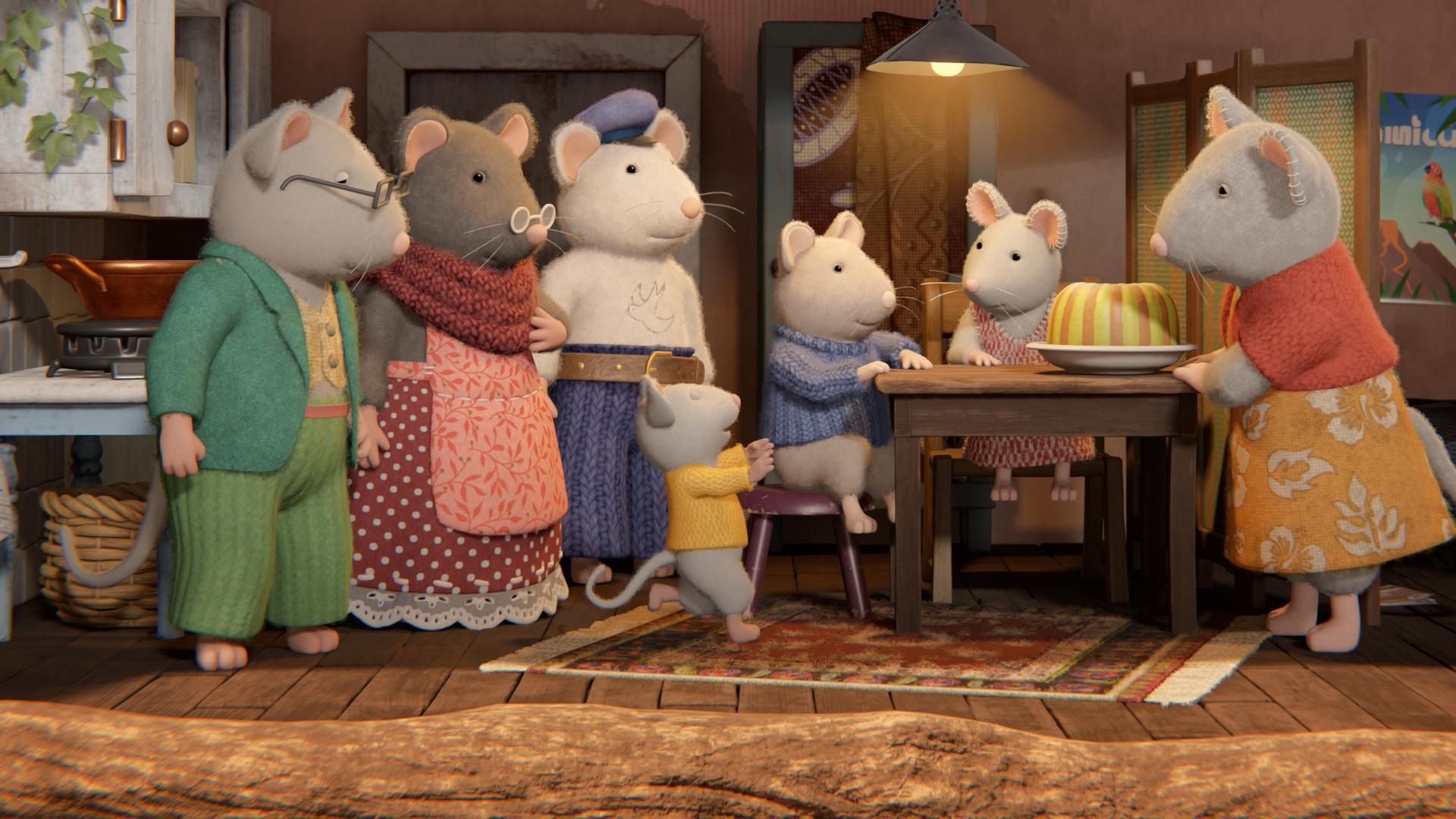 Julias Mutter stellt den fertigen Kuchen auf den Küchentisch. Sam und Julia sitzen bereits auf Stühlen am Tisch und freuen sich auf den Pandan-Kuchen. Die Nachbarn stehen erwartungsvoll links vom Tisch.