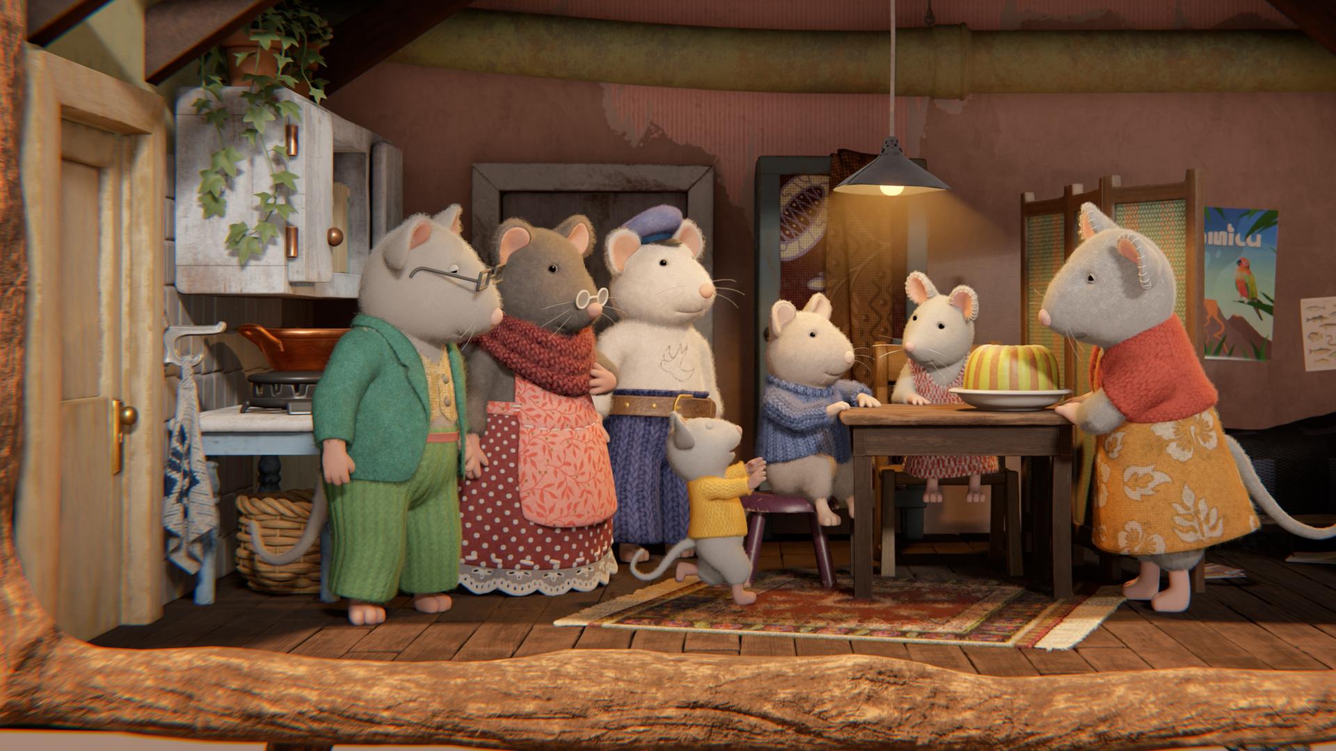 Julias Mutter stellt den fertigen Kuchen auf den Küchentisch. Sam und Julia sitzen bereits auf Stühlen am Tisch und freuen sich auf den Pandan-Kuchen. Die Nachbarn stehen erwartungsvoll links vom Tisch.