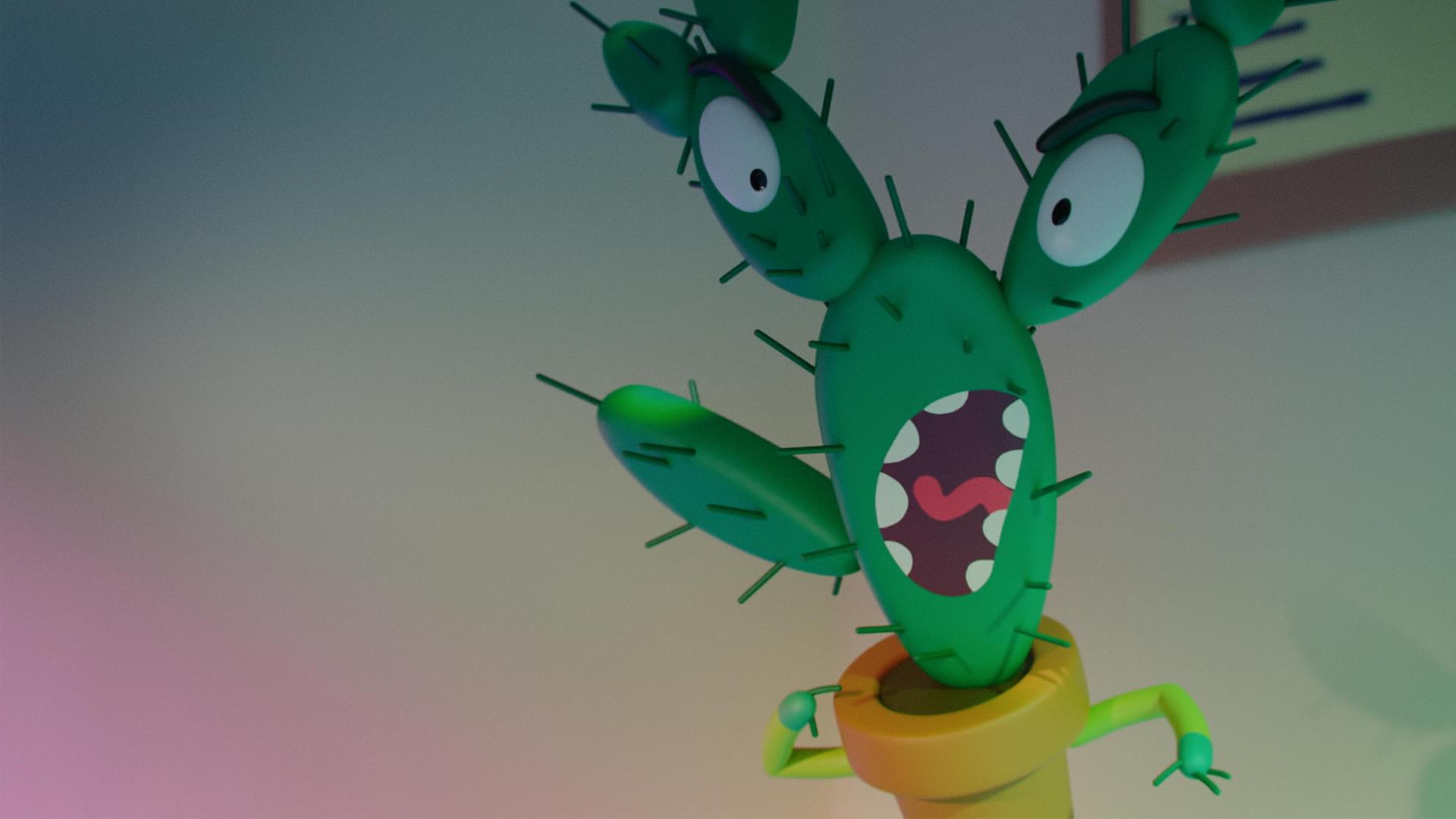 Kaktus Spiky steht im Klassenzimmer und brüllt mit weit geöffnetem Mund mit sichtbaren Zähnen.