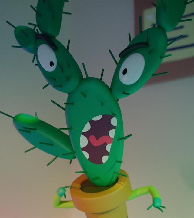 Kaktus Spiky steht im Klassenzimmer und brüllt mit weit geöffnetem Mund mit sichtbaren Zähnen.