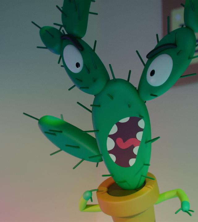 Kaktus Spiky steht im Klassenzimmer und brüllt mit weit geöffnetem Mund mit sichtbaren Zähnen.