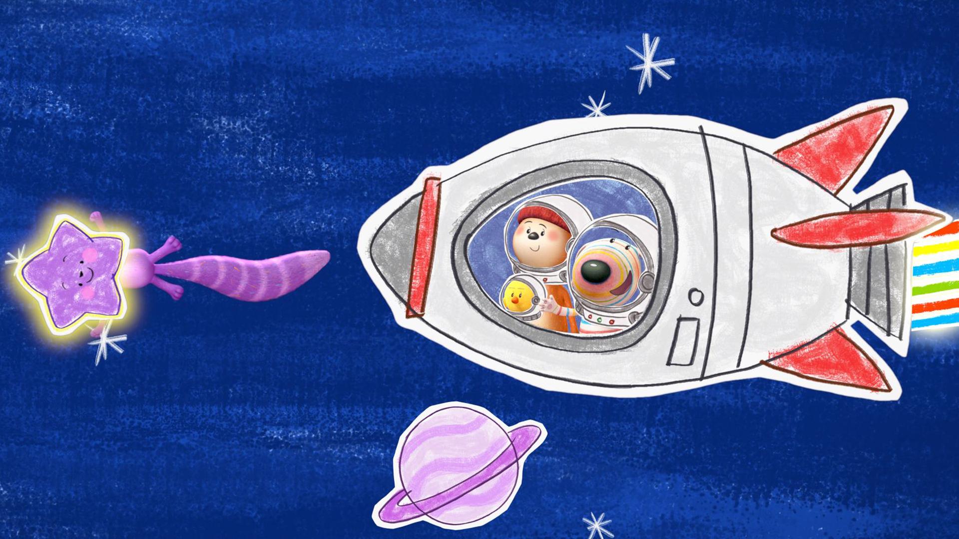 Hund Dylan, Otter Ozzy und Küken Bitsy sitzen als Astronauten verkleidet mit Astronautenhelmen auf dem Kopf in einer Rakete. Diese saust durch die Galaxie an Planeten und Sternen vorbei. Vor ihnen fliegt Katze Daisy, als Sternschnuppe verkleidet, und weist ihnen den Weg.