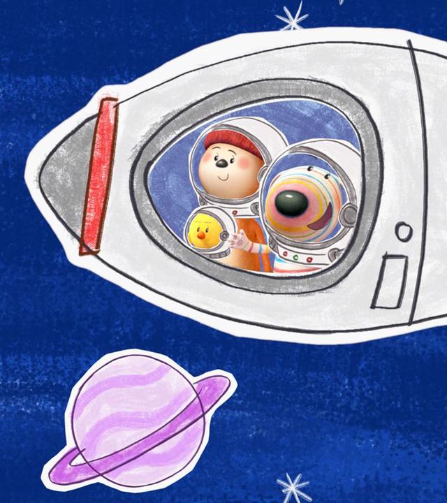 Hund Dylan, Otter Ozzy und Küken Bitsy sitzen als Astronauten verkleidet mit Astronautenhelmen auf dem Kopf in einer Rakete. Diese saust durch die Galaxie an Planeten und Sternen vorbei. Vor ihnen fliegt Katze Daisy, als Sternschnuppe verkleidet, und weist ihnen den Weg.
