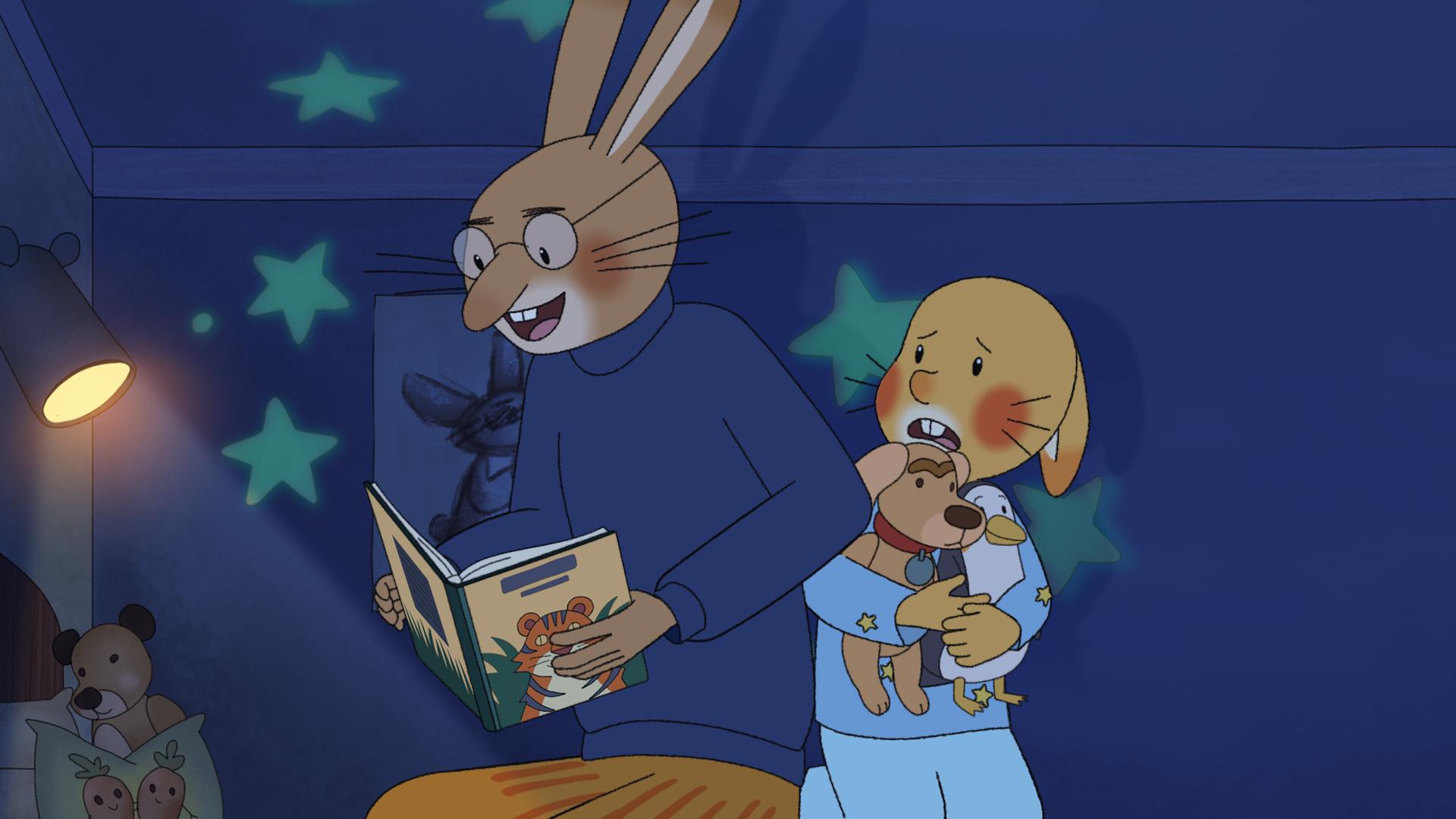 In einem dunklen Zimmer liest Papa seinem Sohn Karlchen eine "Gute-Nacht-Geschichte" vor. Papa hält ein Buch, auf dem ein Tiger abgebildet ist, in der Hand. Neben ihm sitzt Karlchen, der sich erschrocken an seine Kuscheltiere klammert. 