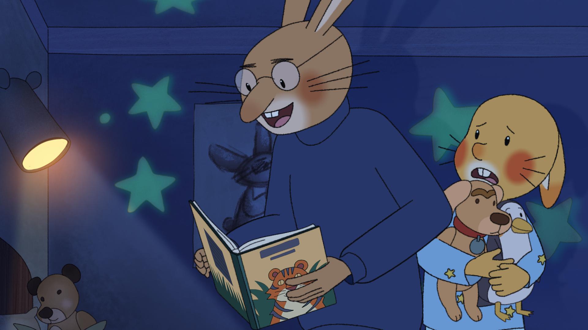 In einem dunklen Zimmer liest Papa seinem Sohn Karlchen eine "Gute-Nacht-Geschichte" vor. Papa hält ein Buch, auf dem ein Tiger abgebildet ist, in der Hand. Neben ihm sitzt Karlchen, der sich erschrocken an seine Kuscheltiere klammert. 