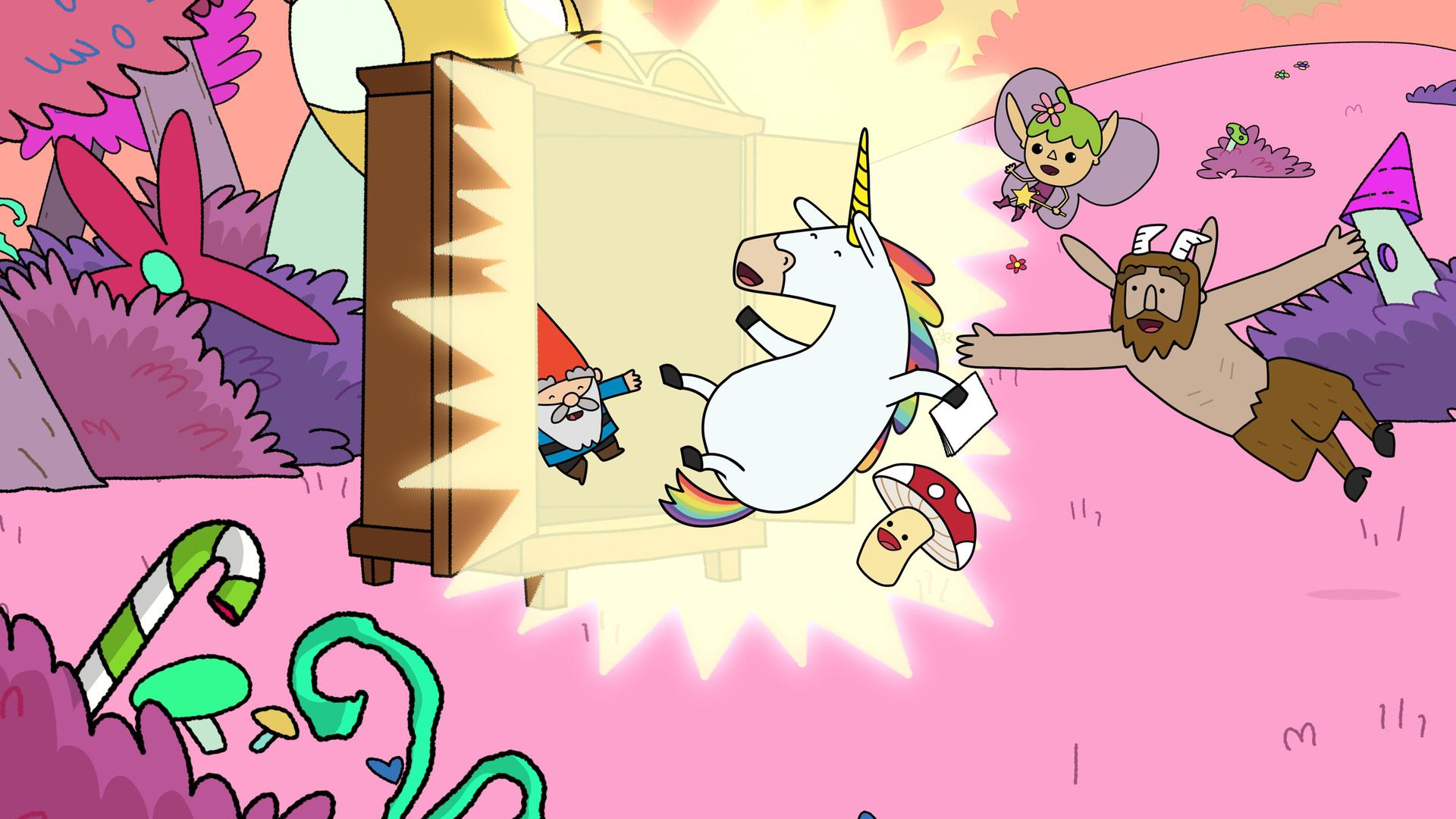 Aus einem weit offenen Kleiderschrank strahlt helles, sonnengelbes Licht. Die fünf Helden Hufius, Twinkle, Tupfen, Blümchen und Herbert werden aus dem Schrank herauskatapultiert in eine bunte, schiefe Welt, in der alles andere Farben hat. Die Wiese ist rosa, die Bäume leuchten in orange, lila und pink, der Himmel ist gelb.