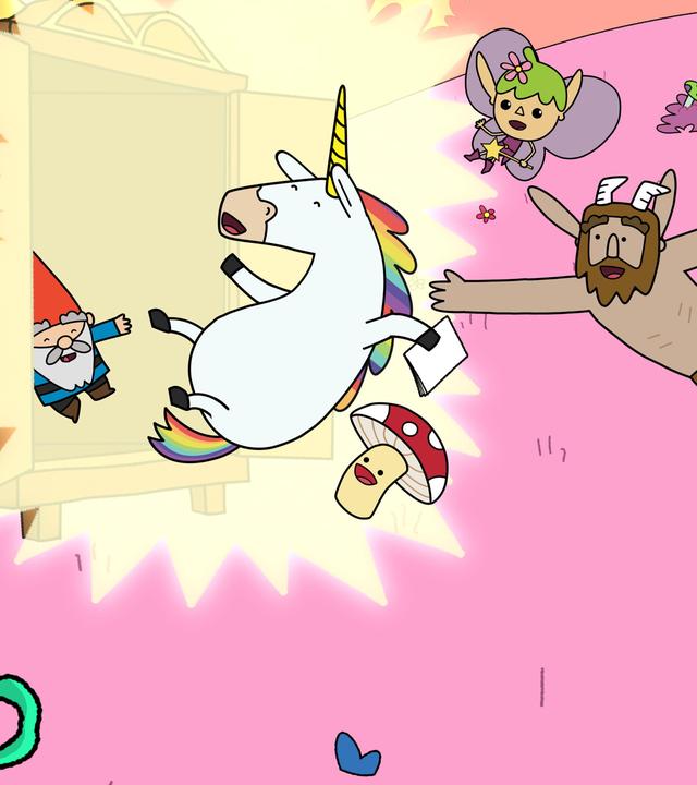 Aus einem weit offenen Kleiderschrank strahlt helles, sonnengelbes Licht. Die fünf Helden Hufius, Twinkle, Tupfen, Blümchen und Herbert werden aus dem Schrank herauskatapultiert in eine bunte, schiefe Welt, in der alles andere Farben hat. Die Wiese ist rosa, die Bäume leuchten in orange, lila und pink, der Himmel ist gelb.