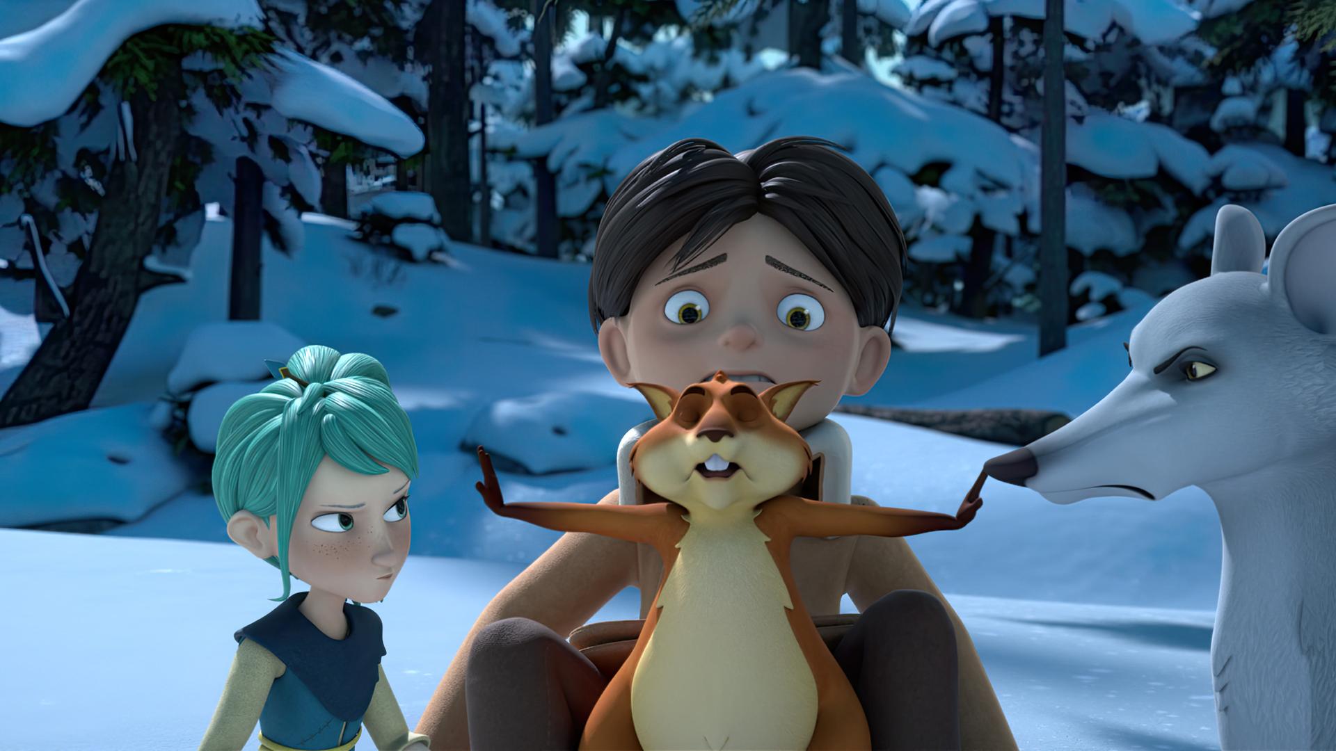 Eichhörnchen Ryllo steht selbstbewusst zwischen der skeptisch schauenden Glyn und der grimmig schauenden Silberfüchsin Frida. Er hat beide Arme ausgestreckt und hält die beiden Streitenden auf Distanz. Hinter Ryllo steht Klincus, der dem Szenario mit skeptischem Blick beiwohnt.