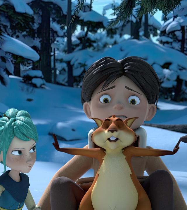 Eichhörnchen Ryllo steht selbstbewusst zwischen der skeptisch schauenden Glyn und der grimmig schauenden Silberfüchsin Frida. Er hat beide Arme ausgestreckt und hält die beiden Streitenden auf Distanz. Hinter Ryllo steht Klincus, der dem Szenario mit skeptischem Blick beiwohnt.