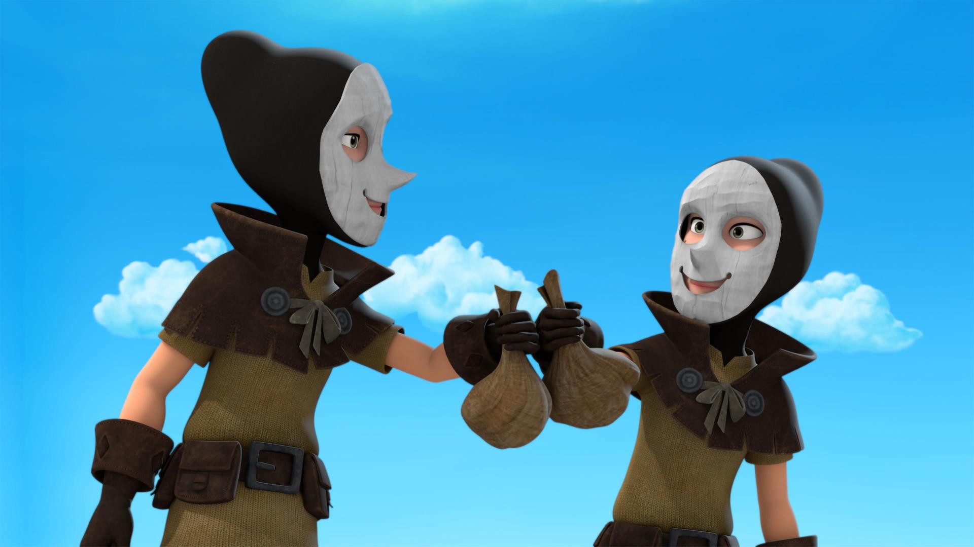 Zwei vermummte Räuber unbestimmten Geschlechts blicken sich grinsend an und halten dabei ihre Beute, jeweils einen gefüllten Beutel, in die Höhe. Das Gesicht ist mit einer weißen, hölzernen Maske vermummt, nur Augen und Mund schauen daraus hervor und sie tragen schwarze Kapuzen.