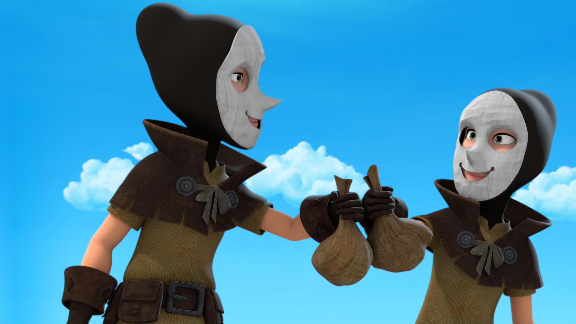 Zwei vermummte Räuber unbestimmten Geschlechts blicken sich grinsend an und halten dabei ihre Beute, jeweils einen gefüllten Beutel, in die Höhe. Das Gesicht ist mit einer weißen, hölzernen Maske vermummt, nur Augen und Mund schauen daraus hervor und sie tragen schwarze Kapuzen.