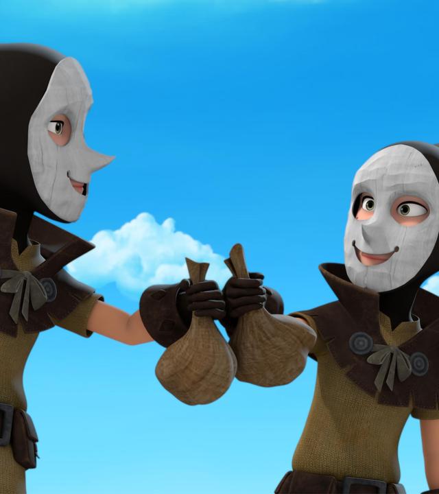 Zwei vermummte Räuber unbestimmten Geschlechts blicken sich grinsend an und halten dabei ihre Beute, jeweils einen gefüllten Beutel, in die Höhe. Das Gesicht ist mit einer weißen, hölzernen Maske vermummt, nur Augen und Mund schauen daraus hervor und sie tragen schwarze Kapuzen.