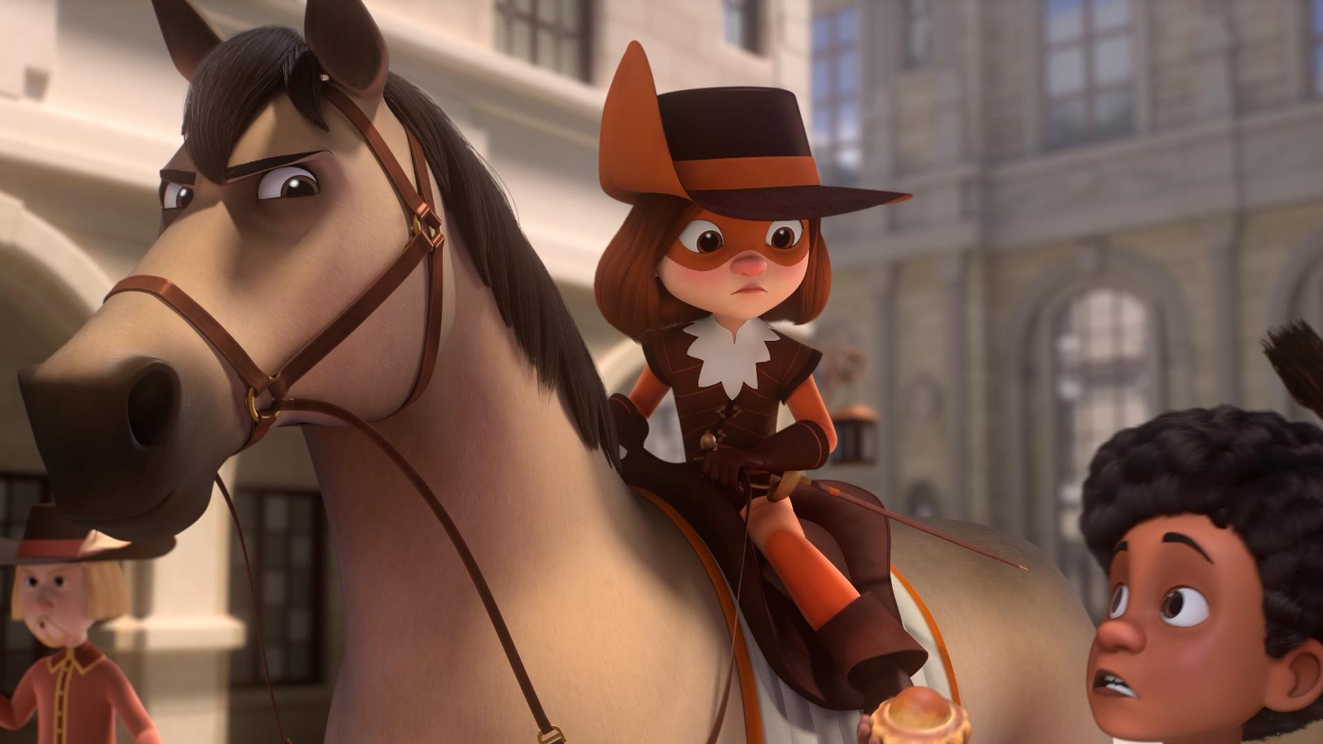 D'Artagnan sitzt auf ihrem Pferd und schaut gebannt zu Alex, der mit erschrockenem Blick neben ihr steht. Er hält eine Brioche in seiner rechten Hand. Im Hintergrund läuft ein Spaziergänger vor Häusern.