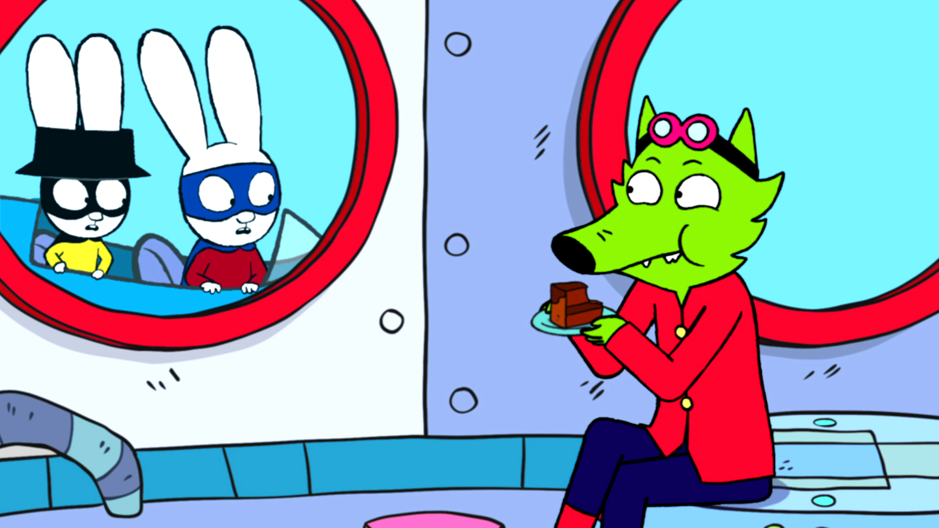 In der Fantasiewelt sitzt Professor Wolf in der Superhelden-Basis von Superhase und Captain Hase. Professor Wolf hält genüsslich einen Teller mit einem Stück Kuchen in der Hand und blickt dabei zu Captain Hase und Superhase. Beide schauen entsetzt von außen durch ein Fenster in die Basis zu Professor Wolf.