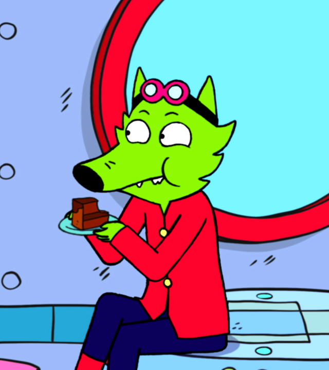 In der Fantasiewelt sitzt Professor Wolf in der Superhelden-Basis von Superhase und Captain Hase. Professor Wolf hält genüsslich einen Teller mit einem Stück Kuchen in der Hand und blickt dabei zu Captain Hase und Superhase. Beide schauen entsetzt von außen durch ein Fenster in die Basis zu Professor Wolf.