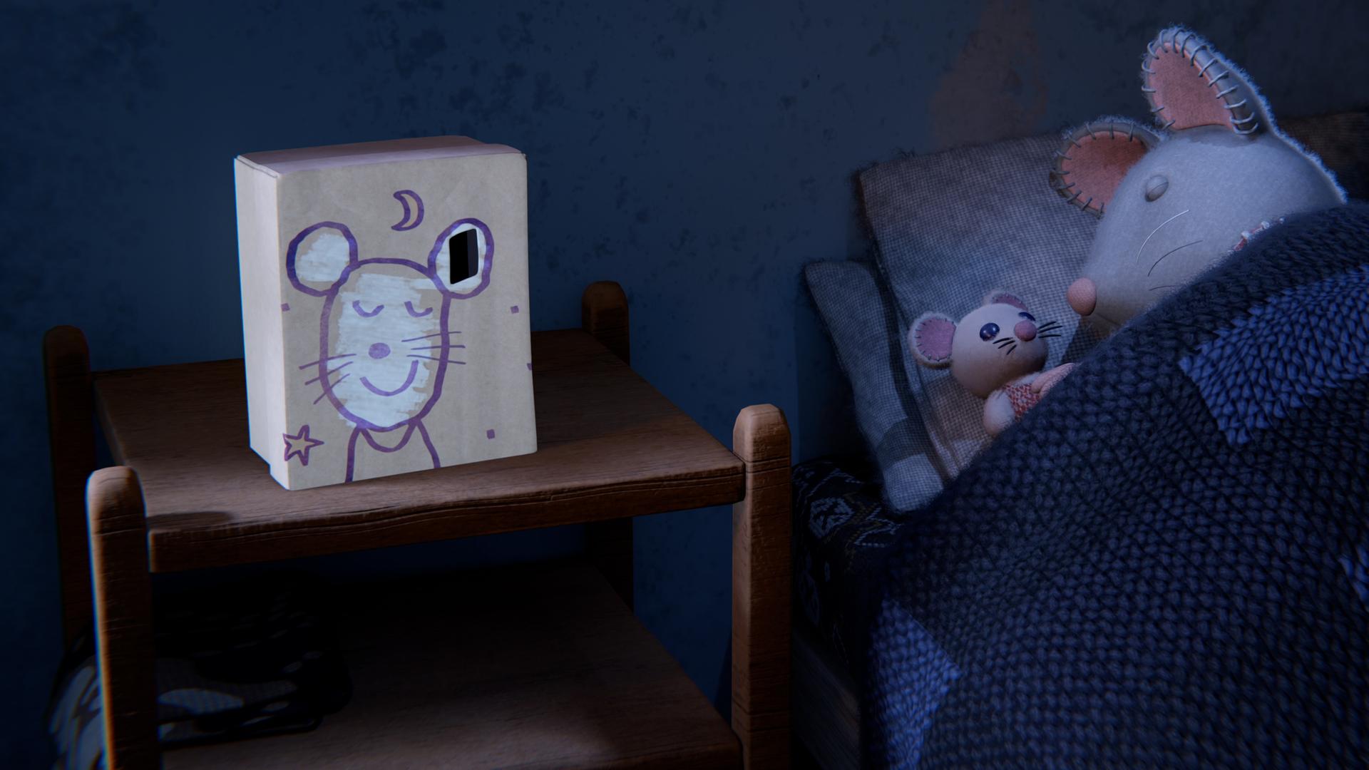 Julia liegt im Dunkeln zugedeckt mit ihrer Puppe neben sich im Bett und schläft. Auf dem Nachttisch steht der Traumfänger von Sam.