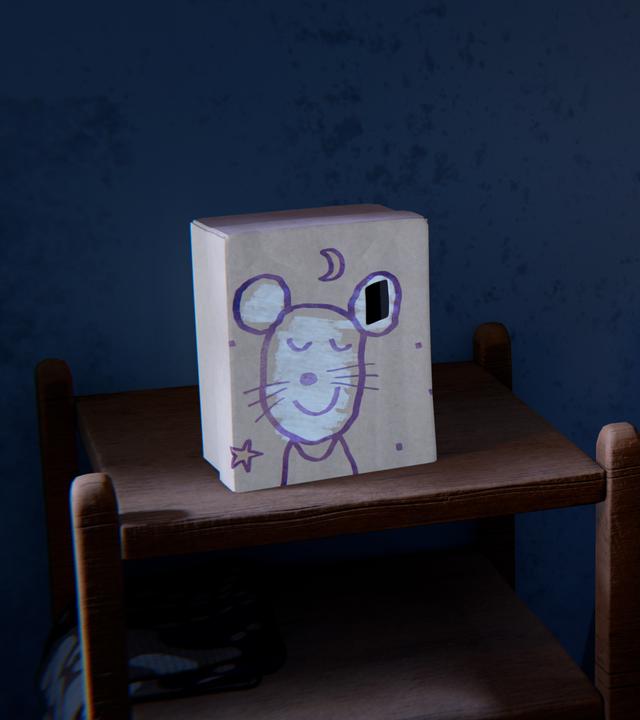 Julia liegt im Dunkeln zugedeckt mit ihrer Puppe neben sich im Bett und schläft. Auf dem Nachttisch steht der Traumfänger von Sam.