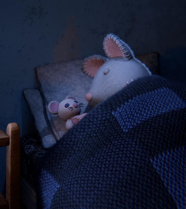 Julia liegt im Dunkeln zugedeckt mit ihrer Puppe neben sich im Bett und schläft. Auf dem Nachttisch steht der Traumfänger von Sam.