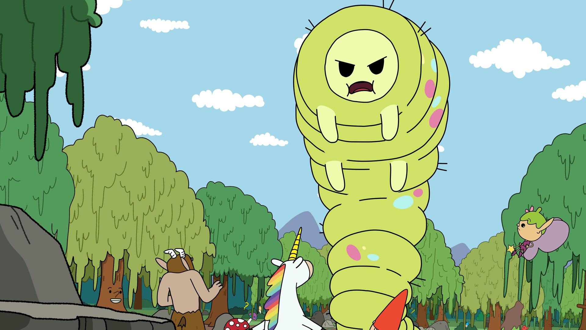 Auf einer Lichtung, umgeben von großen Trauerweiden, deren Stämme Gesichter haben, werden die Helden vom GAW - Großer Alter Wurm - beim Picknicken gestört. Der GAW ist größer als die Bäume und sieht furchteinflößend aus. Alle weichen erschrocken vor ihm zurück: Tupfen, Hufius, Blümchen, Herbert, Meister Heiter und auch die fliegende Fee Twinkle.