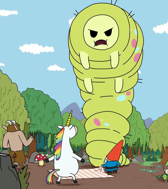 Auf einer Lichtung, umgeben von großen Trauerweiden, deren Stämme Gesichter haben, werden die Helden vom GAW - Großer Alter Wurm - beim Picknicken gestört. Der GAW ist größer als die Bäume und sieht furchteinflößend aus. Alle weichen erschrocken vor ihm zurück: Tupfen, Hufius, Blümchen, Herbert, Meister Heiter und auch die fliegende Fee Twinkle.