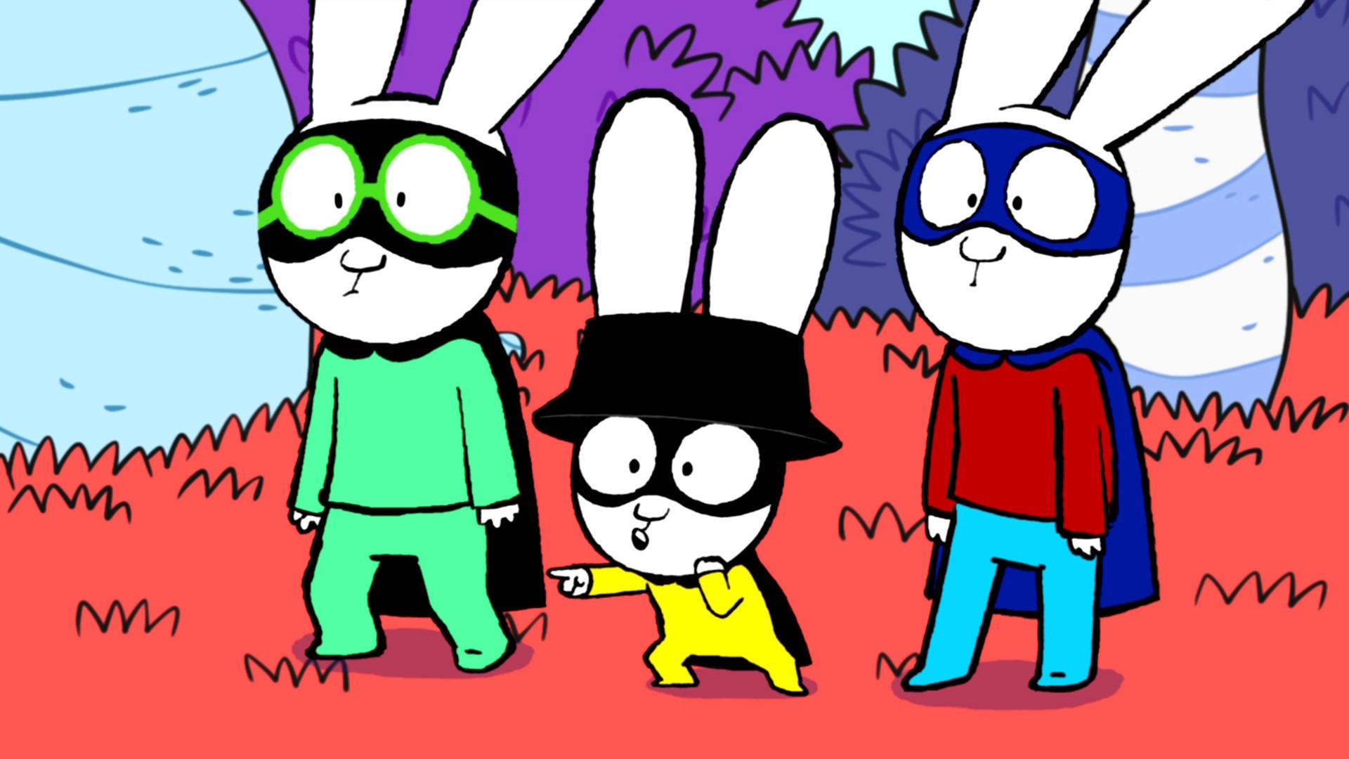 Fassungslos und schockiert dreinblickend stehen Super-Ferdi, Captain Hase und Superhase gemeinsam in der Fantasiewelt auf einer Wiese. Captain Hase steht zwischen Super-Ferdi und Superhase und zeigt bestürzt mit dem Zeigefinger nach vorne.