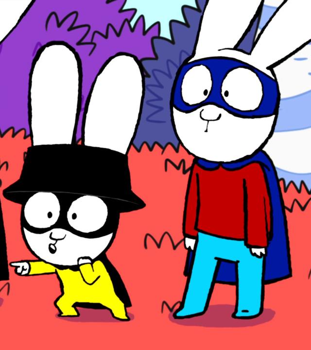 Fassungslos und schockiert dreinblickend stehen Super-Ferdi, Captain Hase und Superhase gemeinsam in der Fantasiewelt auf einer Wiese. Captain Hase steht zwischen Super-Ferdi und Superhase und zeigt bestürzt mit dem Zeigefinger nach vorne.