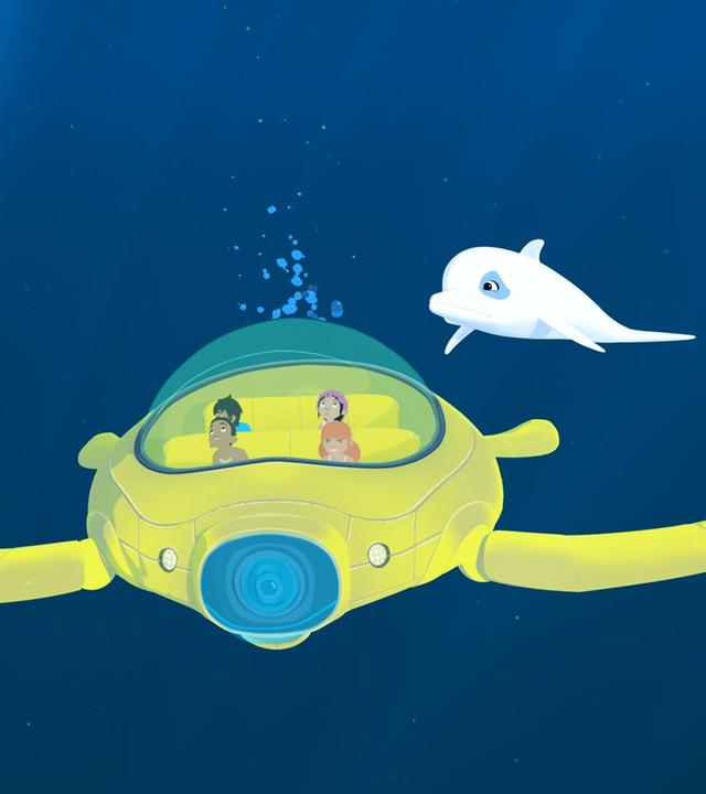 Marina und ihre Freunde sitzen im U-Boot und tauchen in den Tiefen des Meeres, über ihnen Schwimmt Delfin Zoom.