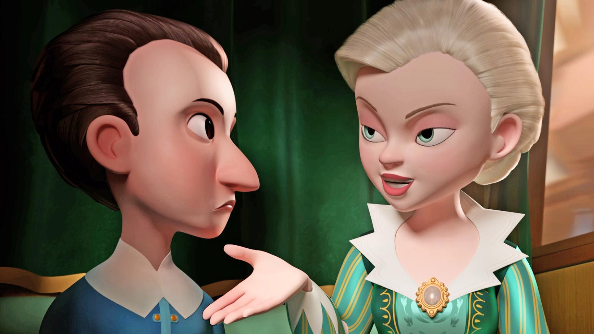 Der junge Henri und Milady sitzen nebeneinander. Henri schaut mit skeptischem Blick und heruntergezogenen Mundwinkeln zu Milady, die erklärend und mit erwartungsvollem Blick zu ihm schaut. Sie hält ihm ihre rechte Hand geöffnet hin.