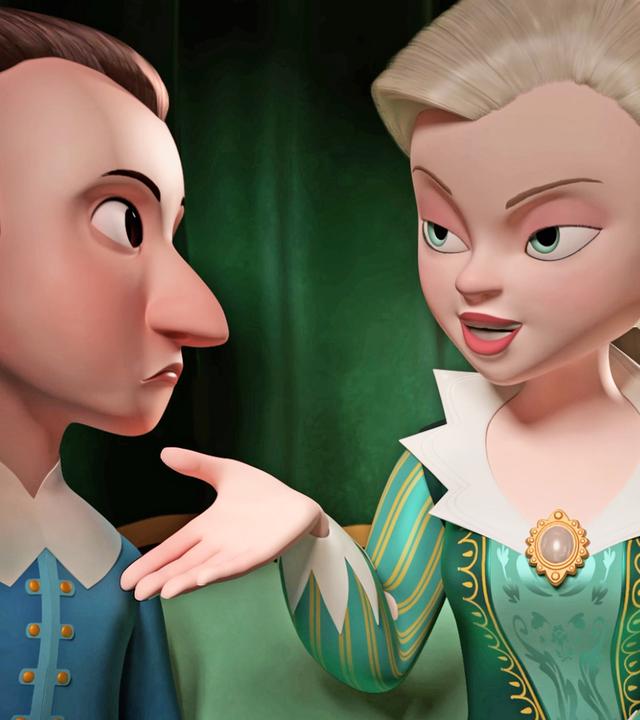 Der junge Henri und Milady sitzen nebeneinander. Henri schaut mit skeptischem Blick und heruntergezogenen Mundwinkeln zu Milady, die erklärend und mit erwartungsvollem Blick zu ihm schaut. Sie hält ihm ihre rechte Hand geöffnet hin.