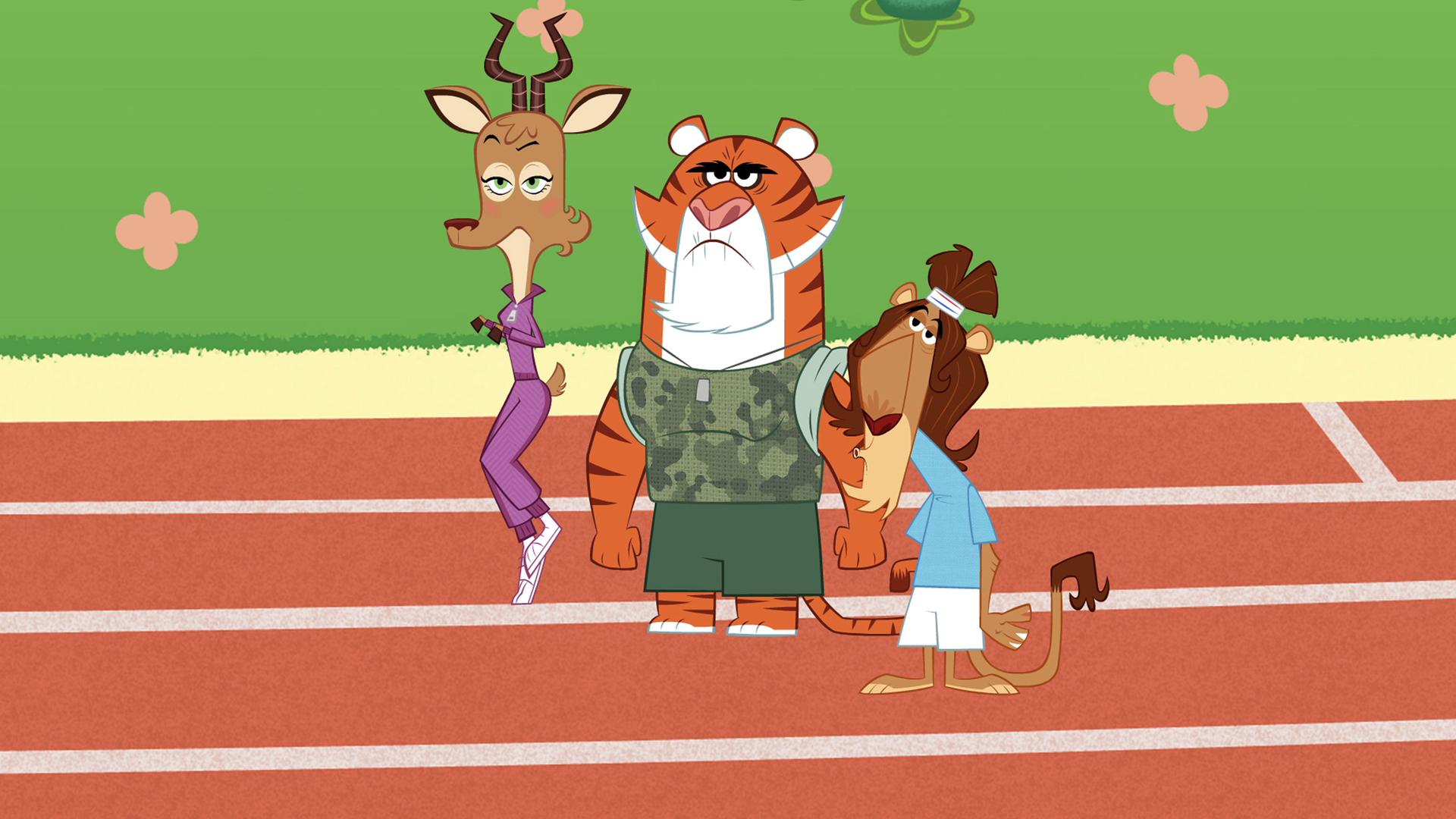Gazelle, Tiger und Löwe stehen in Sportkleidung auf einer Laufbahn. Sie warten mit gelangweiltem Blick auf den Geparden. 
