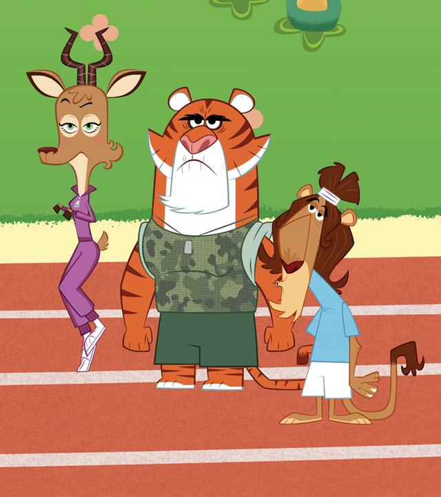 Gazelle, Tiger und Löwe stehen in Sportkleidung auf einer Laufbahn. Sie warten mit gelangweiltem Blick auf den Geparden. 