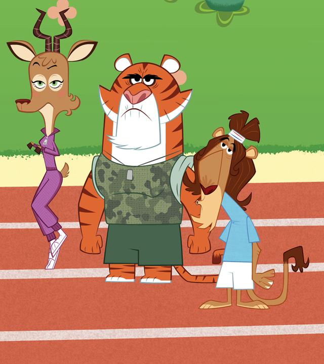 Gazelle, Tiger und Löwe stehen in Sportkleidung auf einer Laufbahn. Sie warten mit gelangweiltem Blick auf den Geparden. 