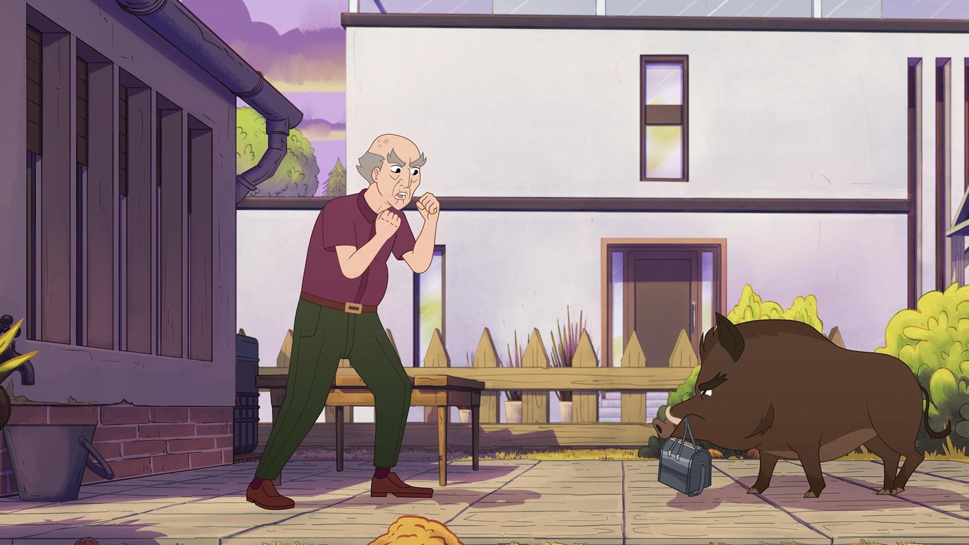 Herr Lüttkewitz ist ein alter Mann mit Falten und wenigen grauen Haaren. In einer Wohngegend steht er einem Wildschwein mit geballten Fäusten gegenüber. Das Wildschwein hält eine grüne Tasche im Maul. Im Hintergrund steht ein modernes Wohnhaus.