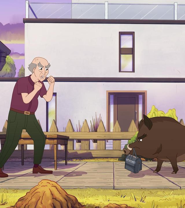 Herr Lüttkewitz ist ein alter Mann mit Falten und wenigen grauen Haaren. In einer Wohngegend steht er einem Wildschwein mit geballten Fäusten gegenüber. Das Wildschwein hält eine grüne Tasche im Maul. Im Hintergrund steht ein modernes Wohnhaus.