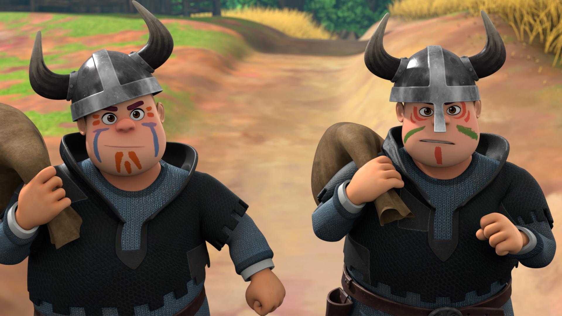 Die Zwillinge des Sherriffs, Ralf und Rolf, haben sich wie Wikinger angezogen. Im Gesicht sind sie angemalt und sie tragen Wikingerhelme mit Hörnern. Sie haben einen Sack geschultert und laufen nebeneinander auf einem Weg.