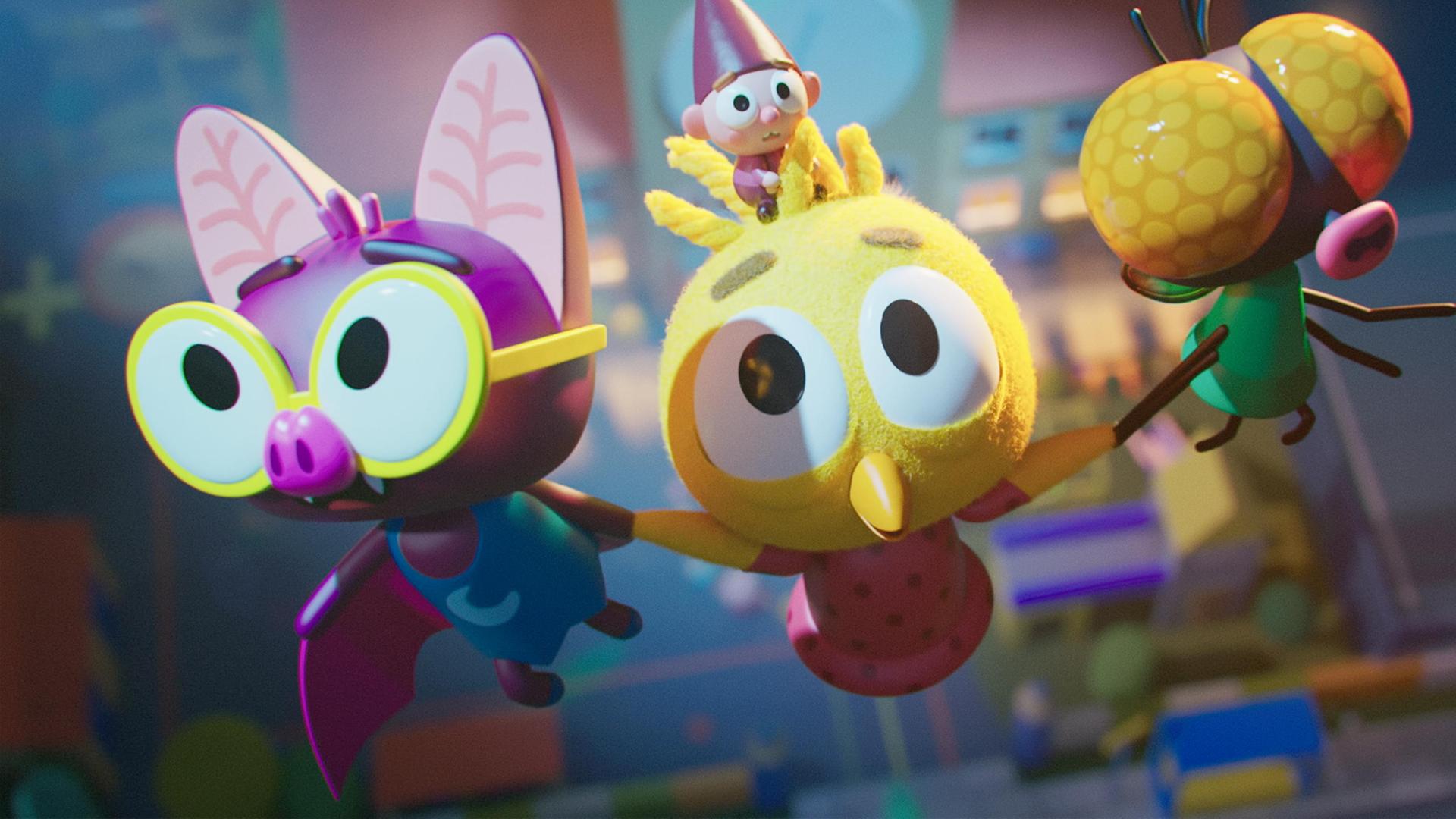 Das Küken Karla fliegt aufwärts, unterstützt durch ihre fliegenden Freunde Fledermaus Vampi und Fliege Brumm, die sie an ihren Flügeln festhalten. Auf Karlas Kopf sitzt Wichtel Bob, der verängstigt blickt. Unter ihnen befindet sich die Schule.