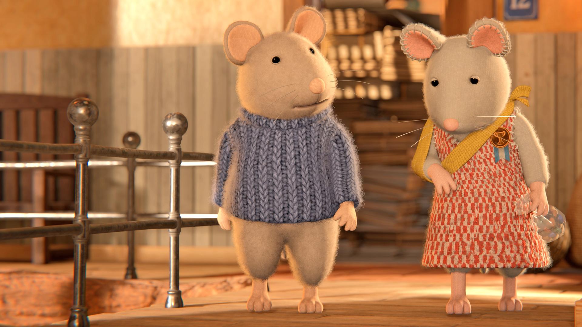 Sam und Julia laufen durchs Treppenhaus an einem Geländer vorbei. Julia hat ihren rechten Arm in einer Schlinge, in der linken Hand hält sie eine Bonbontüte. Julia schaut schuldbewusst zu Boden, während Sam sie erstaunt ansieht.