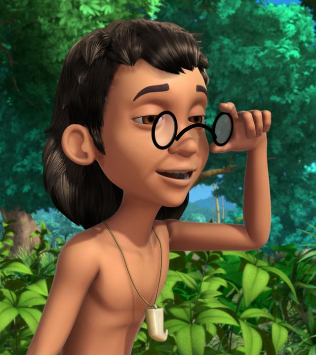 Mogli hat sich die Brille von Balu auf die Nase gesetzt.